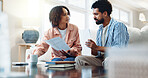 Finance, documents and couple with calculator in home for budget planning or tax deduction. Man, woman or discussion with paperwork for financial audit, expenses or insurance bills together in house
