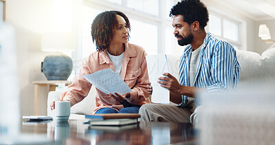 Buy stock photo Finance, documents and couple with bills in home for budget planning or tax deduction on sofa. Man, woman or calculator with paperwork for financial audit, expenses or insurance together in house