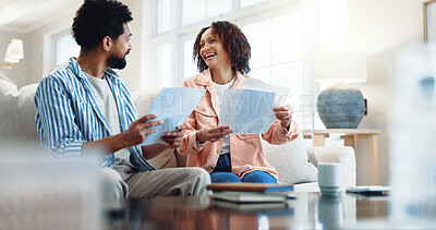 Buy stock photo Happy, couple and reading at house with document, finance report and budget for household bills. Smile, people or review in home with paperwork, financial invoice and bank statement for rebate payout