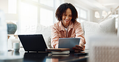 Buy stock photo Smile, woman and reading at house with document, finance report and budget for household bills. Happy, person and laptop in home with paperwork, financial invoice and bank statement for rebate payout