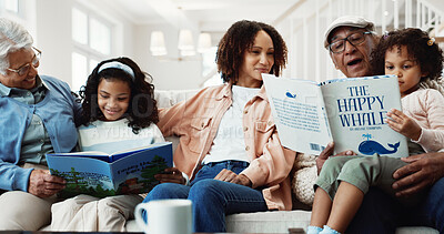 Buy stock photo Smile, big family and reading book in home with kids, learning or bonding with generations. Grandparents, happy children or mom with literature on sofa for storytelling, care or language education