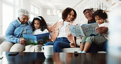 Buy stock photo Grandparents, big family and reading book in home with kids, smile or learning with mother. Bonding, happy children or generations with literature on sofa for storytelling, care or language education