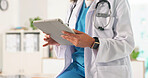 Medical, review and hands in hospital with tablet, research and patient diagnosis in telehealth. Healthcare, woman and doctor in clinic with tech, online consulting and case report for treatment plan