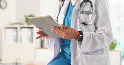 Buy stock photo Medical, review and hands in hospital with tablet, research and patient diagnosis in telehealth. Healthcare, woman and doctor in clinic with tech, online consulting and case report for treatment plan