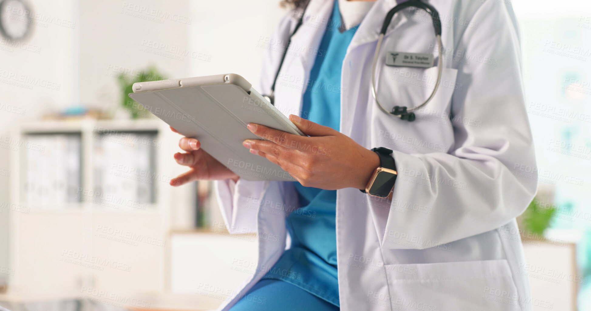 Buy stock photo Medical, review and hands in hospital with tablet, research and patient diagnosis in telehealth. Healthcare, woman and doctor in clinic with tech, online consulting and case report for treatment plan