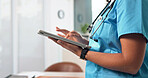 Medical, browse or hands in hospital with tablet, web research or patient diagnosis in telehealth. Healthcare, woman or doctor in clinic with tech, online consulting or case report for treatment plan