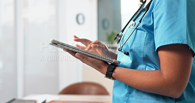 Buy stock photo Medical, browse or hands in hospital with tablet, web research or patient diagnosis in telehealth. Healthcare, woman or doctor in clinic with tech, online consulting or case report for treatment plan