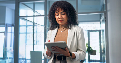 Buy stock photo Reading, research and woman with tablet in office, paralegal or planning for trial with information. Legal assistant, online and business person with technology, review and investigation in law firm