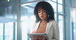 Reading, info and woman with tablet in office, paralegal or planning for trial with research on web. Legal assistant, review and person with technology, online and scroll investigation in law firm