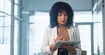 Buy stock photo Review, info and woman with tablet in office, paralegal and planning for trial with research on web. Legal assistant, reading and person with technology, online and scroll investigation in law firm