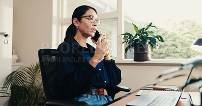 Buy stock photo Phone call, talking and woman in office for business negotiation, event planning or communication. Mobile, mature person and planner speaking to contact for guest list, venue reservation or booking