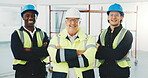 Architect, people and portrait with team in confidence for building, architecture or construction. Group, employees or colleagues with smile or arms crossed for maintenance or industrial development