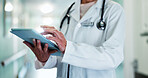Doctor, hands and person with tablet for healthcare review, schedule report or check case study. Technology, woman or medical worker in clinic for electronic records, history or insurance information