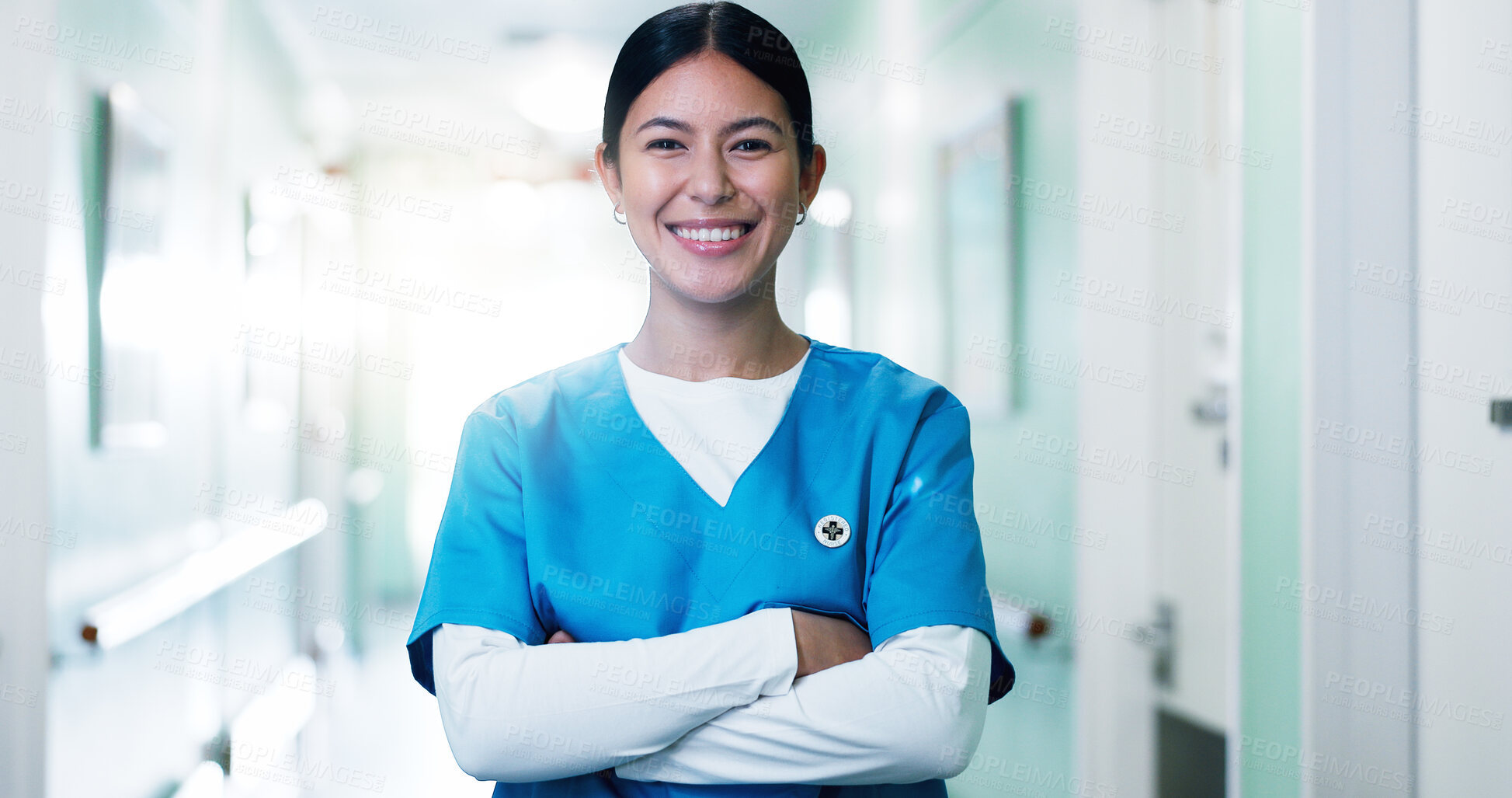 Buy stock photo Medical, portrait or doctor in hospital with arms crossed, physician or pride as general practitioner. Ambition, happy or woman in lobby with confidence, surgeon or about us in healthcare profession.