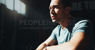 Buy stock photo Thinking, break and fitness with man in gym for workout rest, reflection and sports athlete. Exercise, health progress and training with male person in club for wellness, body builder and vision