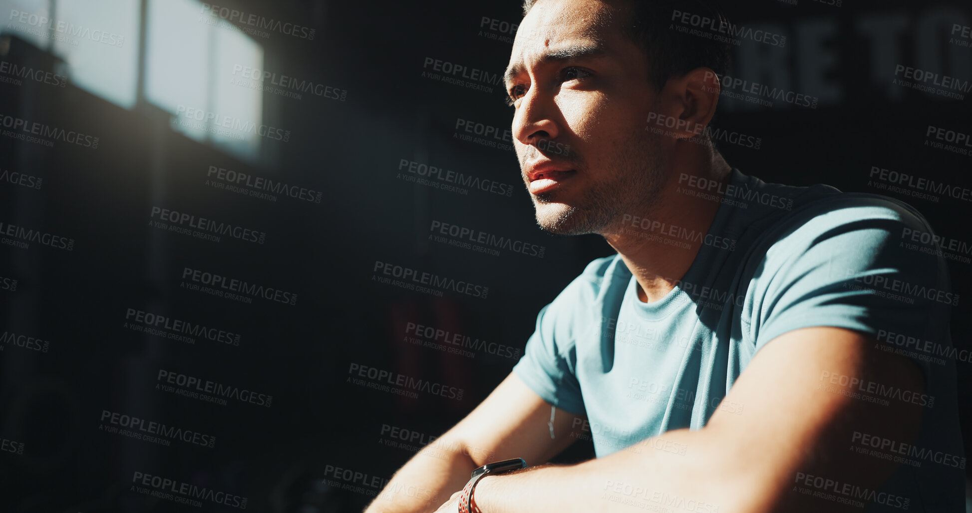 Buy stock photo Thinking, break and fitness with man in gym for workout rest, reflection and sports athlete. Exercise, health progress and training with male person in club for wellness, body builder and vision