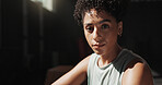 Portrait, serious and fitness with woman in gym for workout rest, hobby and sports athlete. Exercise, health progress and training with female person in club for wellness, body builder and recovery