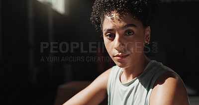 Buy stock photo Portrait, serious and fitness with woman in gym for workout rest, hobby and sports athlete. Exercise, health progress and training with female person in club for wellness, body builder and recovery
