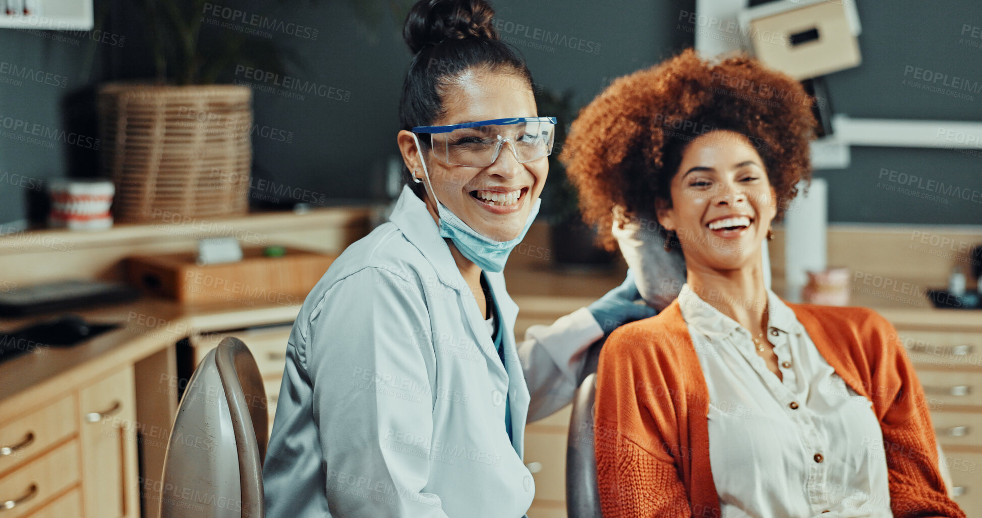Buy stock photo Portrait, dentist and happy woman with patient in clinic for dental hygiene or healthcare. Female person, orthodontist or client with smile or laugh for oral service, teeth cleaning or treatment