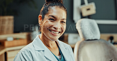 Buy stock photo Portrait, dentist and happy woman with pride in clinic for dental hygiene or oral healthcare. Female person, orthodontist or smile with confidence for gum care service, teeth cleaning or treatment