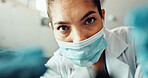 Portrait, dentist and face mask with gloves in clinic for dental surgery, operation or medical exam. Female person, orthodontist or teeth inspection with protection for oral procedure or bacteria