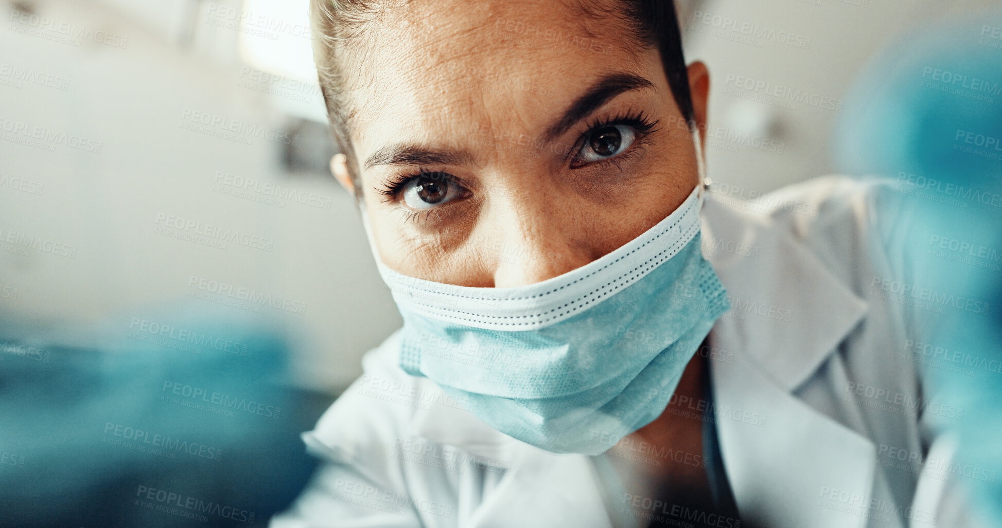 Buy stock photo Portrait, dentist and face mask with gloves in clinic for dental surgery, operation or medical exam. Female person, orthodontist or teeth inspection with protection for oral procedure or bacteria