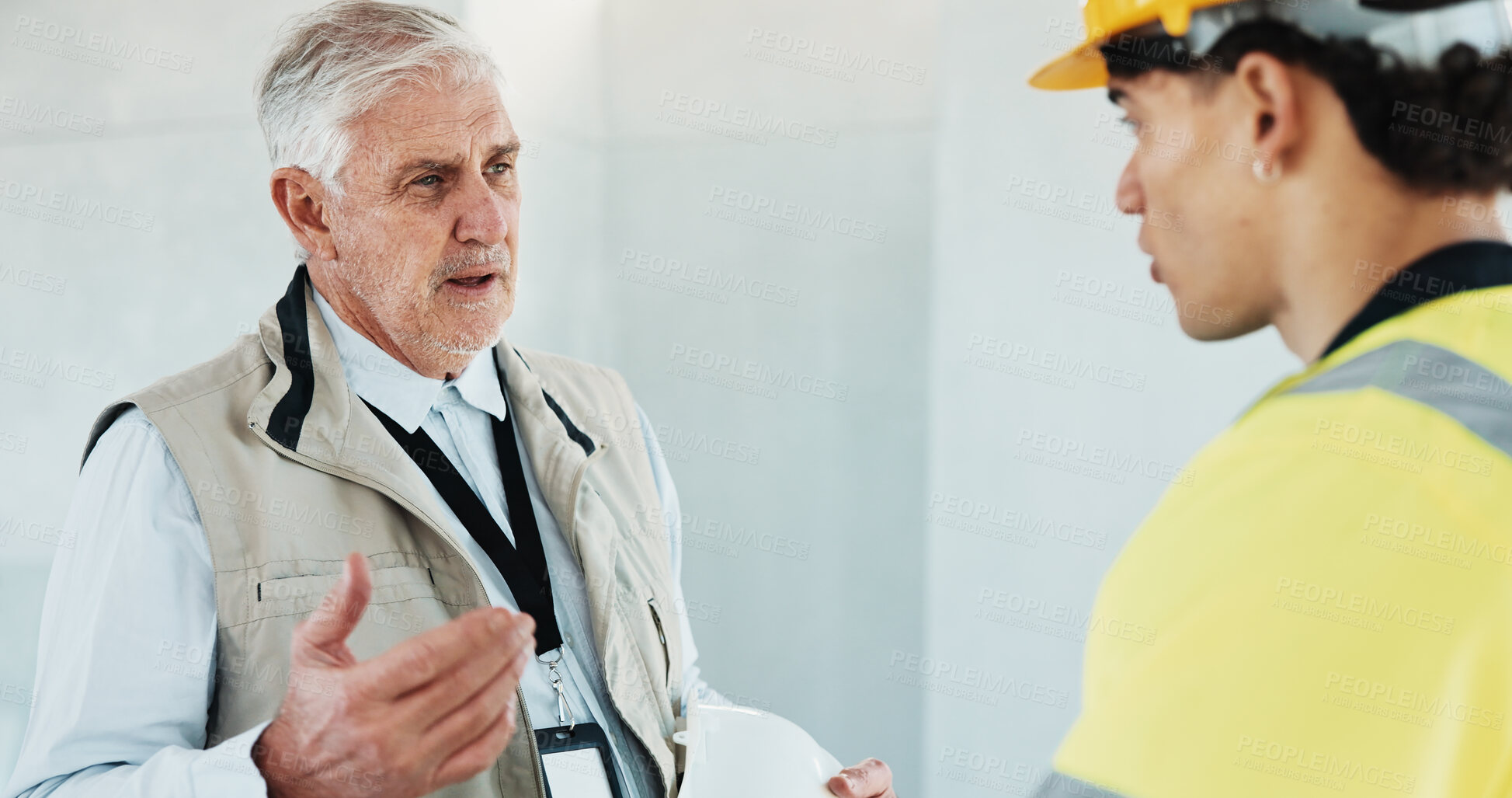 Buy stock photo Mentor, team and engineer with people on construction site for meeting, renovation and project update. Architecture feedback, consulting and building inspection with contractor for collaboration