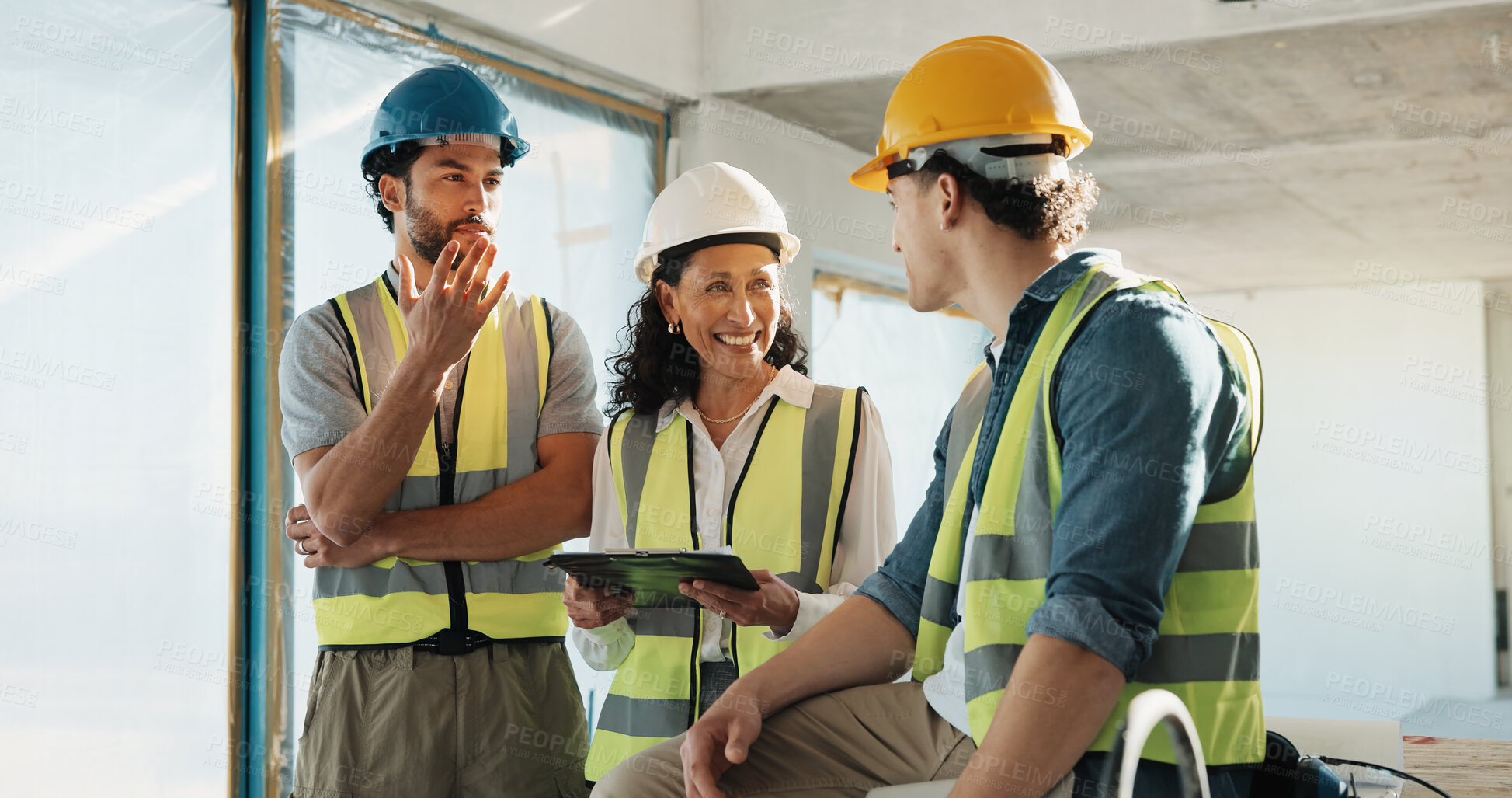 Buy stock photo Laugh, clipboard and engineer with people on construction site for meeting, renovation and project update. Architecture feedback, checklist and building inspection with contractor for collaboration