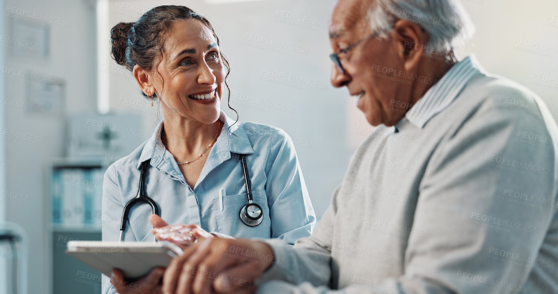 Buy stock photo Tablet, doctor and smile with old man in hospital for healthcare, online report and checkup. Medical, exam feedback and advice with senior patient in clinic for discussion, tech and assessment