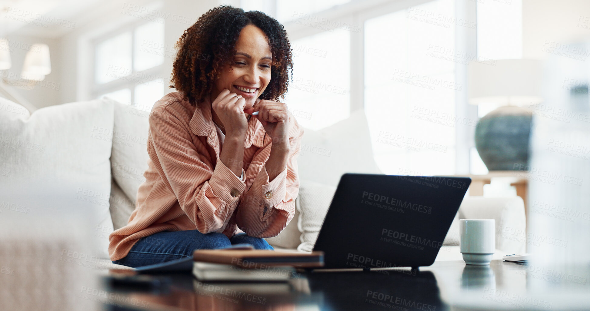 Buy stock photo Laptop, freelancer and happy woman in home with book for journalism, report or online story. Female person, journalist or remote work with smile on computer for article or publishment in house
