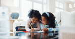 Children, siblings and learning with homework for education, studying or academic development in home. Girls, sister and helping elementary student with drawing, assignment or school project in house