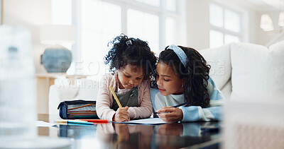 Buy stock photo Children, siblings and learning with homework for education, studying or academic development in home. Girls, sister and helping elementary student with drawing, assignment or school project in house