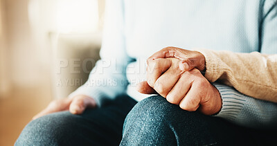 Buy stock photo Old couple, support and holding hands with partner in house, retirement and relationship commitment. Marriage, solidarity and senior people on break, physical touch and comfort with love in home