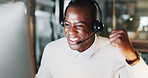 Telemarketing, computer or happy man in call center with fist pump, sales or lead generation success. Excited, black person and celebration in office with pc, customer acquisition and revenue goals.