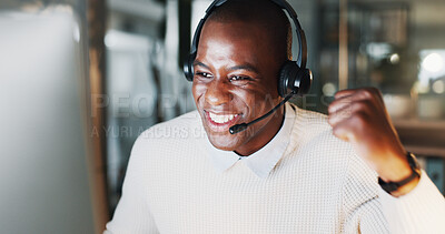 Buy stock photo Telemarketing, computer or happy man in call center with fist pump, sales or lead generation success. Excited, black person and celebration in office with pc, customer acquisition and revenue goals.