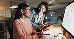 Happy, night and business women in office with collaboration on creative project with deadline. Happy, digital technology and editor with manager for feedback with online article at startup workplace