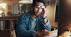 Night, headache and tired man in office with computer, glasses and fatigue from software development. Late, person and developer in business with desktop, migraine and burnout from debugging problem.