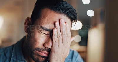 Buy stock photo Man, night and burnout in office with headache, overworked and digital fatigue with pressure. Editor, exhausted and stress in workplace with creative block, brain fog and deadline with migraine