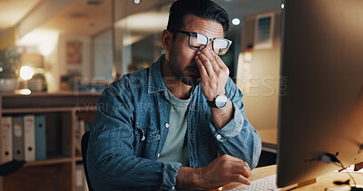 Buy stock photo Night, man and eye strain in office with computer, wrong glasses prescription or stress for deadline. Late, tired person and headache in business with desktop, overtime work and fatigue from burnout.