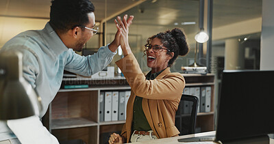 Buy stock photo Computer, high five and success with business people in office together for goals or target. Celebration, collaboration and excited with employee team in workplace for achievement, bonus or victory