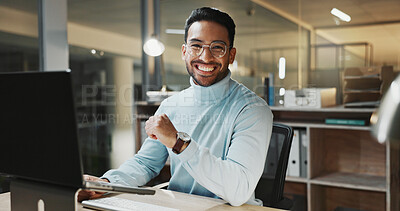 Buy stock photo Laptop, portrait and happy business man at night for research, assessment and financial career. Glasses, accountant person and technology for budget planning, deadline and working late for report