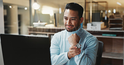 Buy stock photo Laptop, wrist pain and business man with carpal tunnel, discomfort or burnout in office. Male person, accounting and tech for financial planning with hand strain injury, ergonomics or tendinitis