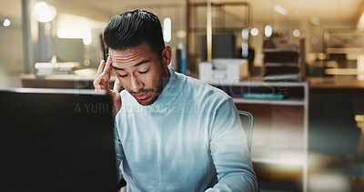 Buy stock photo Laptop, headache and business man with stress for research, assessment and financial career. Male person, accounting and technology for budget planning with burnout, vertigo and migraine for workload
