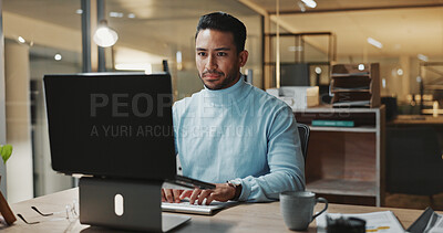 Buy stock photo Laptop, serious and business man typing for search, assessment and financial career in office. Male person, accounting and technology for budget planning, evaluation and review information or report