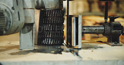 Buy stock photo Manufacturing, factory and closeup of woodworking machine, restoration or carpentry power equipment. Craftsmanship, design and cutter to shape timber, construction and remodeling tool in workshop