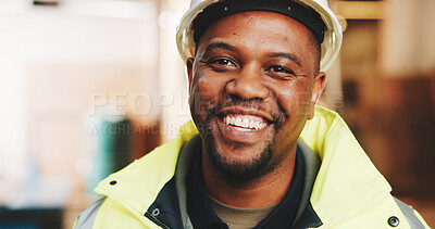 Buy stock photo Civil engineer, portrait and man with helmet in building, property development or renovation project. Happy, architect and black person with hard hat for safety, confident and construction in Nigeria