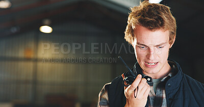 Buy stock photo Man, talking and radio in warehouse for logistics, inspection and stock check with discussion. Thinking, person or supervisor in factory with tech, quality assurance and conversation for distribution