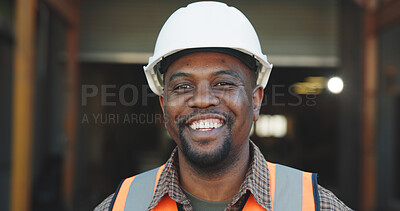 Buy stock photo Portrait, smile and man with helmet, civil engineering or property development on construction site. Happy, architect and black person with hard hat, project management and real estate investment
