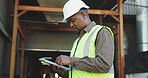 Architect, research and man with tablet on construction site, scroll and plan for renovation on web. Serious, civil engineer and black person with technology, reading and property development on app