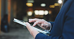 Construction, review or hands with tablet, task instruction or inspection report on building site. Bokeh, man or engineer outdoor with tech, project brief or operation schedule on digital platform.